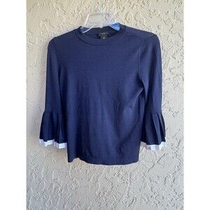 Ann Taylor Navy Knit Crew Neck Sz  XS White Trimmed Bell Sleeve Woman’s Sweater